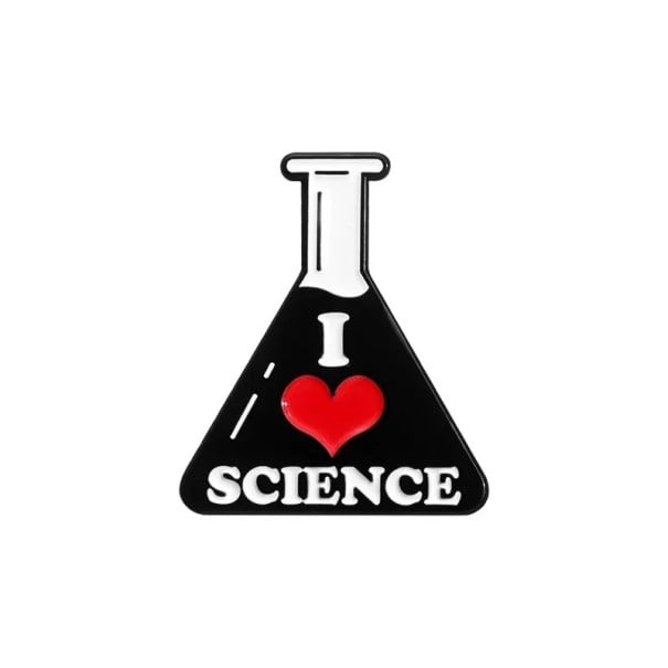 Brož I love science laboratóriumi edény cca 3 x 2,5 cm fém jelvény fekete-fehér piros szívvel ruházatra, hátizsákra, táskára 1