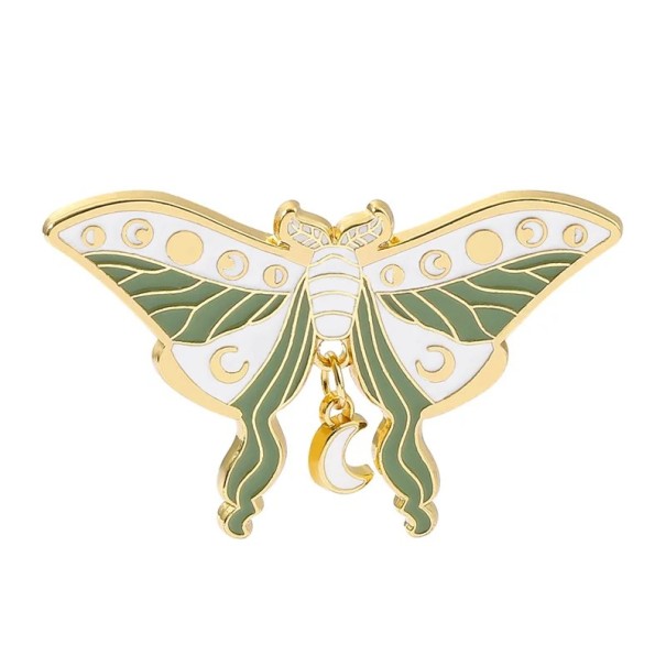 Brož noční motýl s přívěskem měsíc 31 × 50 mm smaltovaný pin hmyzí odznak klopový špendlík doplněk na batoh klopu oblečení zelená