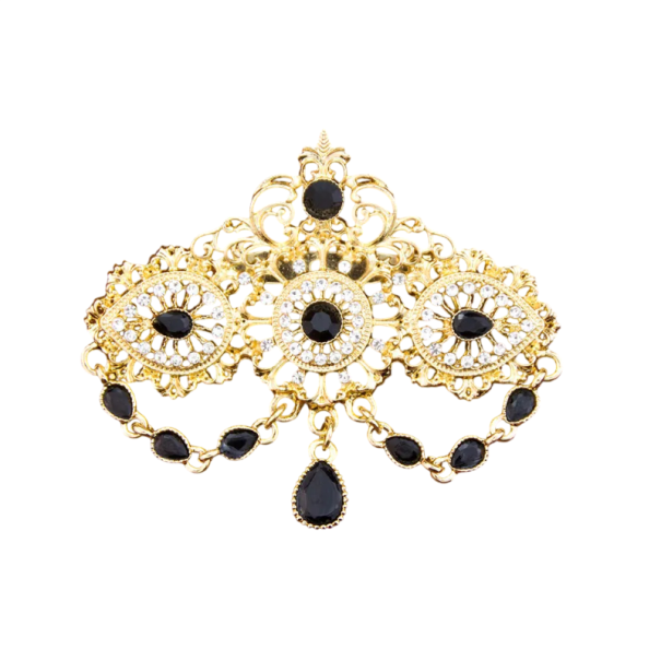 Brož s krystalovým přívěskem a kamínky cca 6,5 × 7,5 cm ozdobný špendlík s řetízky a dekorativními prvky doplněk na oblečení černá