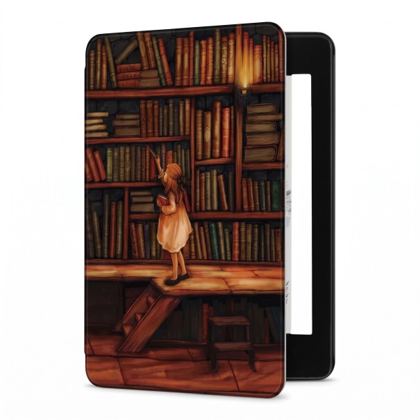 Bruin flipcase 6 inch voor Kindle 10e generatie 2019 met illustratie van een meisje bij een bibliotheek vol oude boeken met handband en folie 1