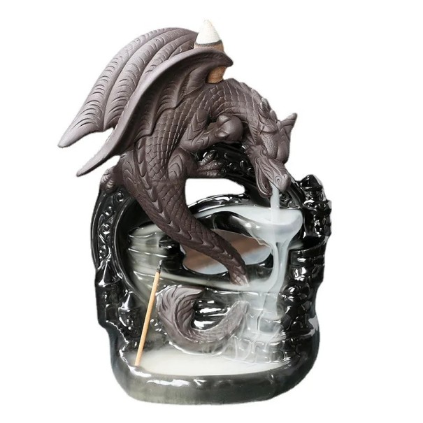 Brûleur d'encens 16 x 12 x 7 cm Dragon en céramique Support pour bâtonnets et cônes d'encens Effet de fumée inversée Aromathérapie Décoration 1