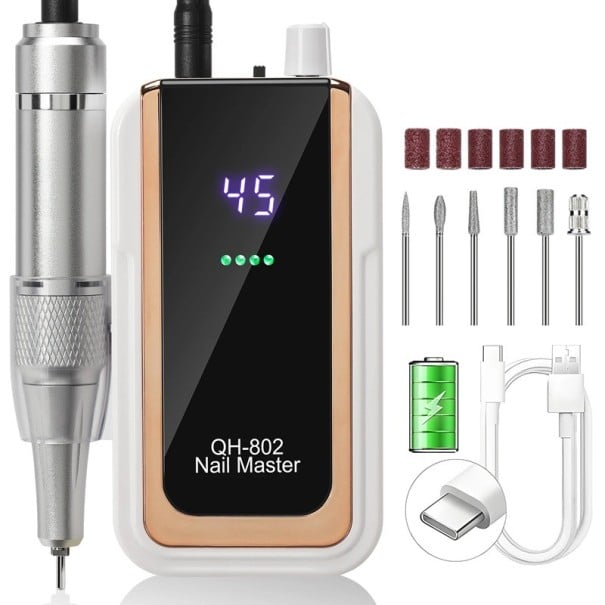 Bruska na nehty 45000 ot./min s výdrží 10 hodin na nabití ABS a hliníková slitina s LCD displejem a USB-C nabíjením na domácí manikúru bílá