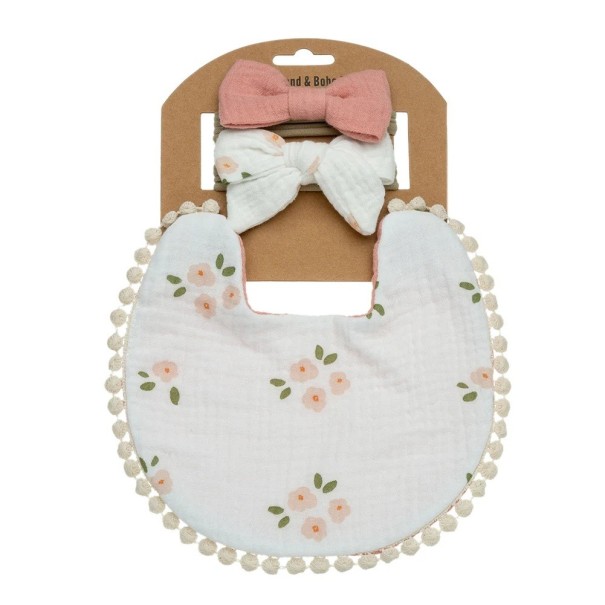 Bryndák pro batolata s kvítky a dvě mašle na gumičce Set 3 ks Bílý líc a růžový rub Rozměr 17,5 x 17 cm Mašle 9 x 6 cm Pomponky na okraji 1