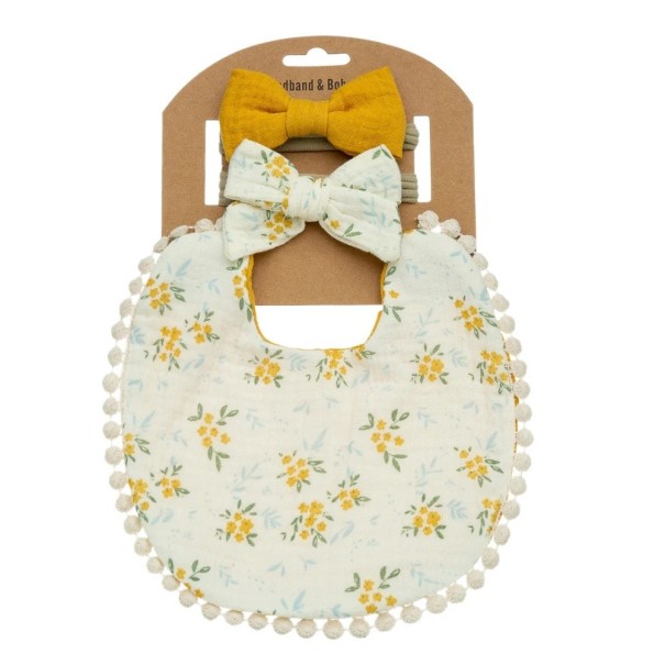 Bryndák pro batolata se žlutými kytičkami a mašle do vlasů na gumičce Set 3 ks Bílý líc a žlutý rub Rozměr 17,5 x 17 cm Okraj s bambulkami 1