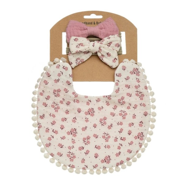 Bryndák s drobnými růžovými kvítky a dvě gumičky s mašlí pro batolata Set 3 ks Bílý líc a růžový rub Rozměr 17,5 x 17 cm Lem s bambulkami 1