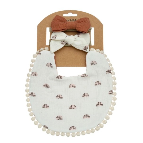 Bryndák s hnědými duhami a dvě gumičky s mašlí pro batolata Set 3 ks Bílý líc a hnědý rub Rozměr 17,5 x 17 cm Obvodový lem z bambulek 1