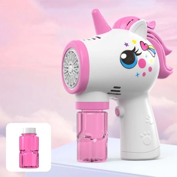Bublifuc electric în formă de unicorn cu ventilator pentru crearea de bule de săpun Jucărie distractivă pentru copii Alegeți din 3 culori roz