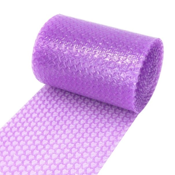 Buborékos fólia szív alakú buborékokkal 20 cm × 5 m műanyag védőfólia színes ajándékcsomagoláshoz és védelemhez lila