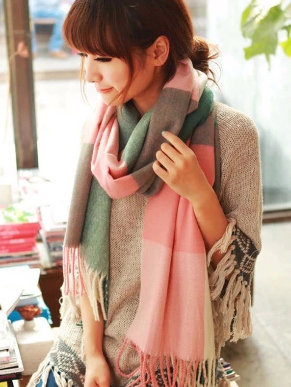 Bufanda de cuadros de invierno para mujer J804 rosa