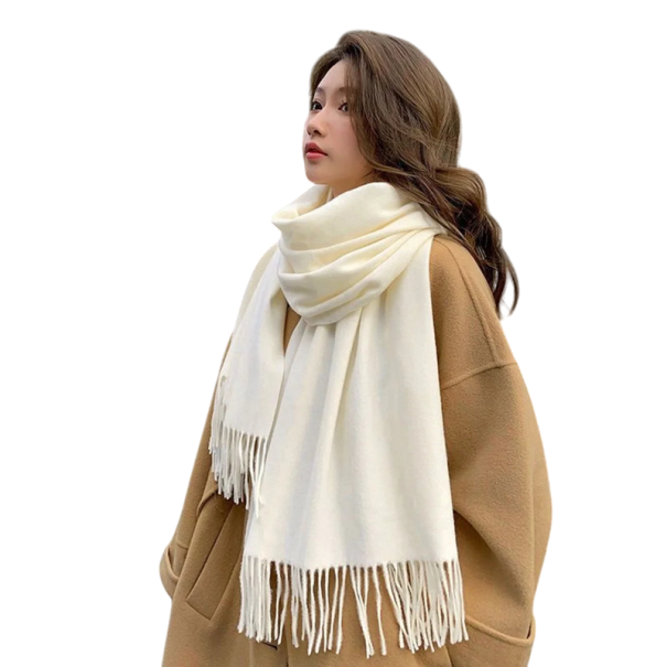 Bufanda de mujer 200x70 cm Imitación de cachemira Bufanda suave y delicada de un solo color con flecos Elegante complemento cálido blanco