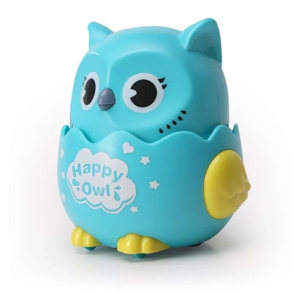 Búho alegre colorido de cuerda para niños, juguete mecánico interactivo sin pilas con movimiento de inercia. azul
