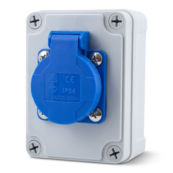 Buiten wandcontactdoos Schuko waterdicht IP54 met deksel, 220V 16A, 1 contactdoos, ABS kunststof, grijs, voor het opladen van een auto, in de garage en in de tuin 1