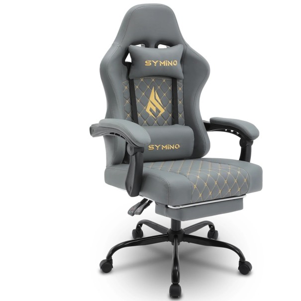 Büro- und Gaming-Stuhl mit ausziehbarer Fußstütze 119-127 x 52 x 49 cm Verstellbare Armlehnen Lenden- und Kopfstütze grau