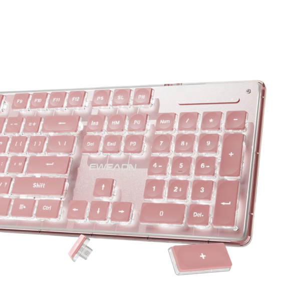 Bürotastatur EWEADN GX710S leise mit LED-Hintergrundbeleuchtung 44x13 cm aus Vollmetall rosa 104 Tasten zum Schreiben und Arbeiten