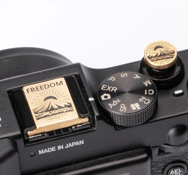 Buton metalic de declanșare 1,5 cm Rotund și pătrat auriu cu motiv de munți și soare pentru Sony A7C2 Fujifilm XT50 X100VI Xhalf XM5 XE4 Nikon ZF 1