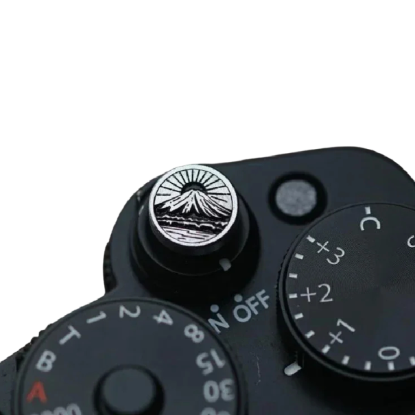 Buton rotund metalic argintiu de declanșare cu soarele după munți Soft Release pentru Sony A7C2 Fujifilm X100VI Nikon ZF Leica 1