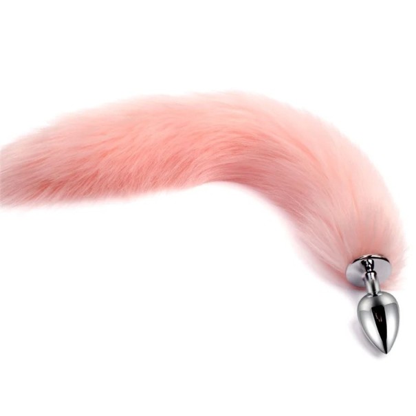 Butt plug metalic cu coada de vulpe XS 2,2 x 6,5 cm lungime coada 40 cm pentru incepatori suprafata neteda ambalaj discret roz