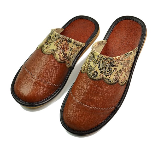 Buty domowe męskie - Pantofle skórzane brązowy 39