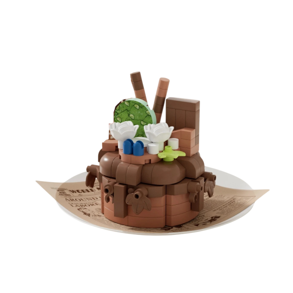 Byg selv kage i brune og grønne nuancer med hvide blomster og dekorationer  5,5 x 3,5 x 4,5 cmDetaljeret dekorativ model af en sød dessert lavet af byggeklodser 1