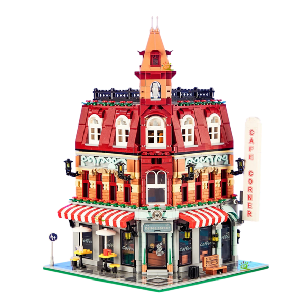 Byggesæt til rækkehus med café, 1950 dele, hjørnehus i 2 etager, 30 x 19 x 19 cm, detaljeret model af LED-lyskæde til café i hjørnet 1