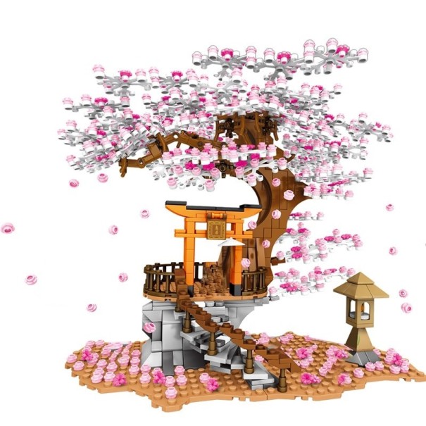 Byggesæt træhus 1167 dele Japansk stil Med detaljeret sakura, bro og lanterne Kreativ dekorativ model til udstilling 1
