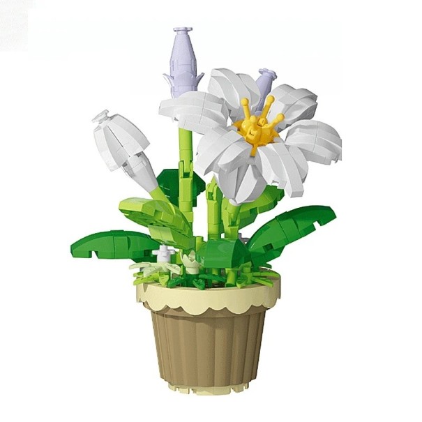 Byggsats blomma vit lilja i brun kruka 10 × 7 cm dekoration av plastbyggklossar 1