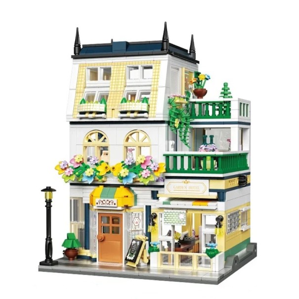 Byggsats hotell med blommor 997 st Stads flervåningshus Trädgårdshotell 15x13,7x19,7 cm Kreativt hus för barn Blomsterdekoration 1