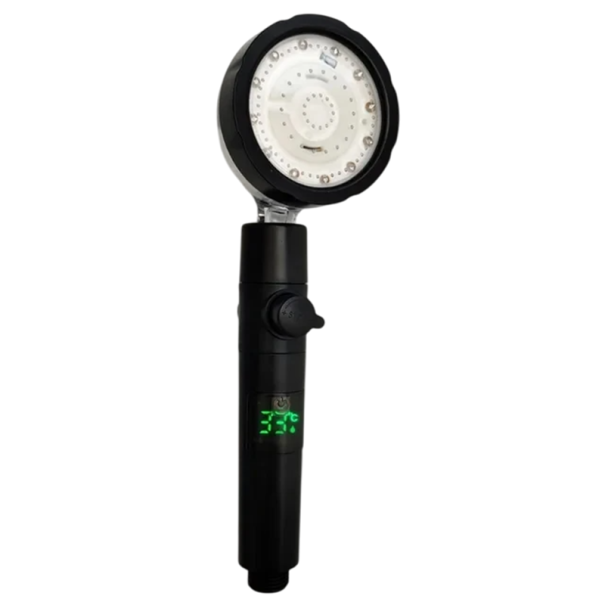 Cabeça de chuveiro LED com display e mudança de cor da água Termómetro digital Chuveiro económico com ventilador Bico de alta pressão G1/2 preto