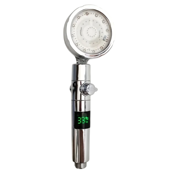 Cabezal de ducha LED con pantalla y cambio de color de agua Termómetro digital Ducha de bajo consumo con ventilador Boquilla de alta presión plateado