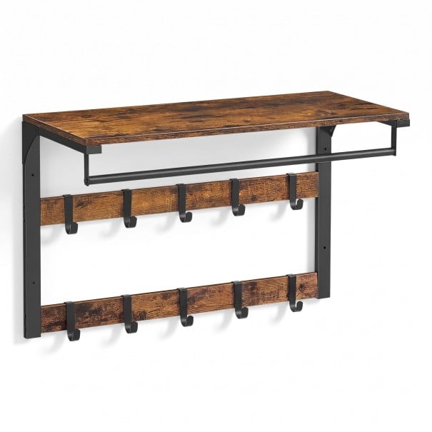 Cabide de parede com prateleira 42 x 65 x 30 cm e 10 ganchos removíveis em 2 barras com vara para cabides em cor castanha e preta para o hall 1