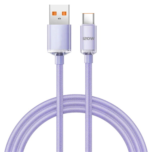 Cable de carga rápida USB A a USB C de 2 m, 120 W, 6 A, trenzado de nailon, carga y transferencia de datos ultrarrápidas, tipo C, compatible con PD. morado