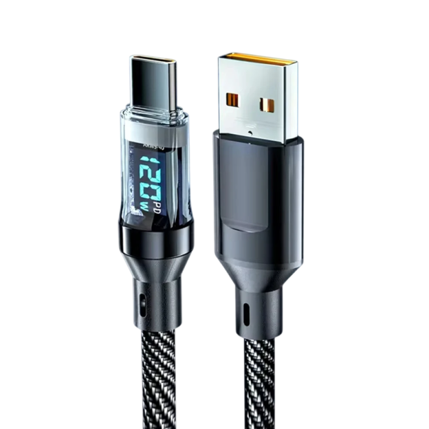 Cable de carga rápida USB C a USB A, cable de datos de 1 m y 120 W con pantalla LED, transferencia de datos con patrón tejido de 6 A, compatibilidad con dispositivos de 480 Mbps 1