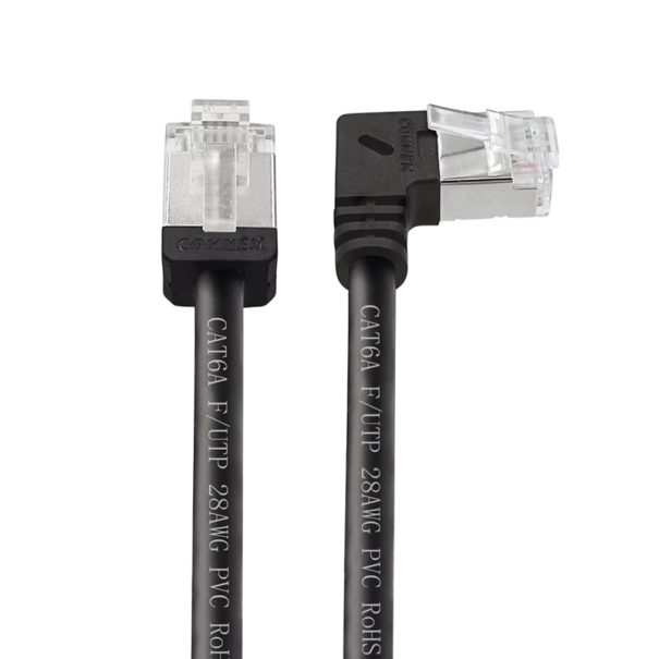 Cable Ethernet Cat6a RJ45 90° Slim 30 cm FTP 28AWG PVC negro para conexión en espacios reducidos de router y switch 1