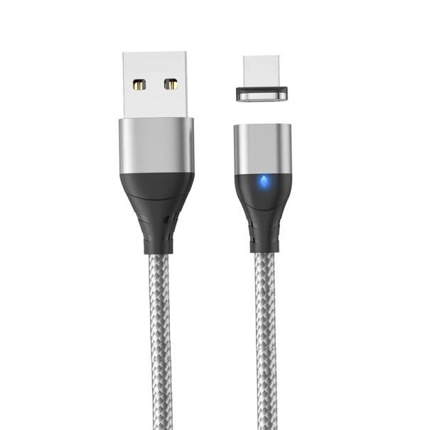 Cable USB A a Micro USB de carga rápida magnética de 1 m, 3 A, imán fuerte, indicador LED, cable de datos y alimentación, enchufe magnético plateado