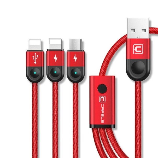 Cablu de date USB la 2x Lightning / Micro USB roșu