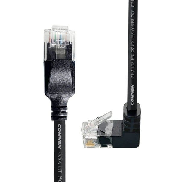 Cablu LAN Cat6a RJ45 flexibil pentru transfer de date 3 m cu conector unghiular de 90° 3,8 mm 10 Gb/s 500 MHz negru