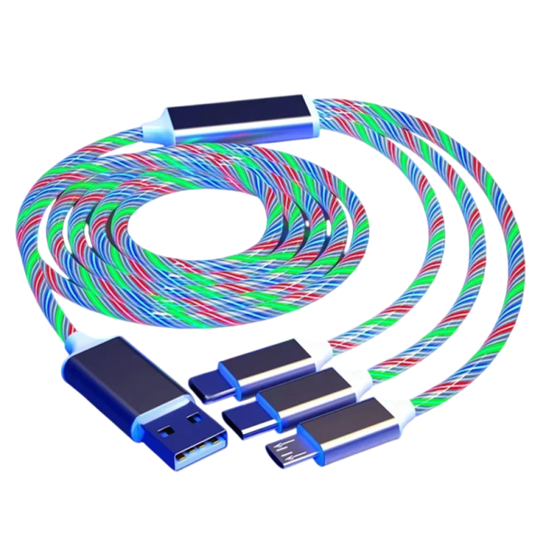 Cablu luminos de încărcare rapidă 3in1 USB C + Micro USB + Lightning iPhone + USB A Cablu LED de 1,2 m Cablu de date 3A argint