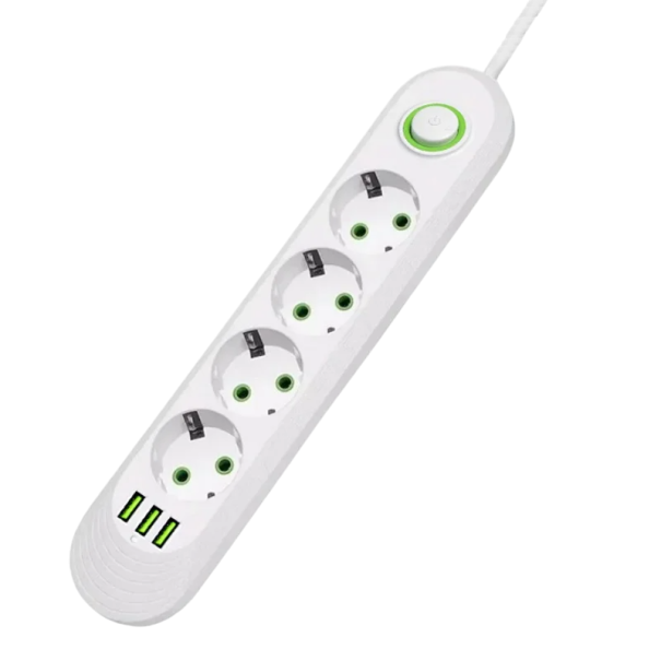 Cablu prelungitor UE 2m 4AC 2500W cu întrerupător și indicator luminos, filtru de alimentare 3× USB A 2.1A 5V, adaptor priză de birou universal alb