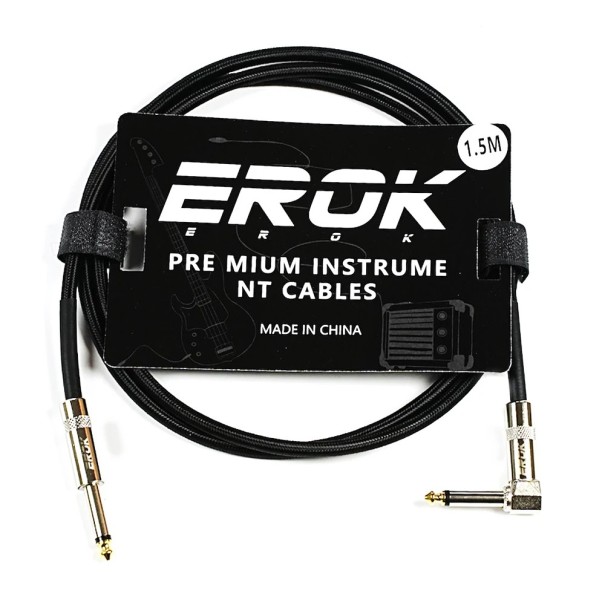 Cablul audio EROK pentru chitară 1,5m 6,35 mm masculin–masculin Cablul împletit împotriva zgomotului pentru chitară electrică, bas și efecte negru