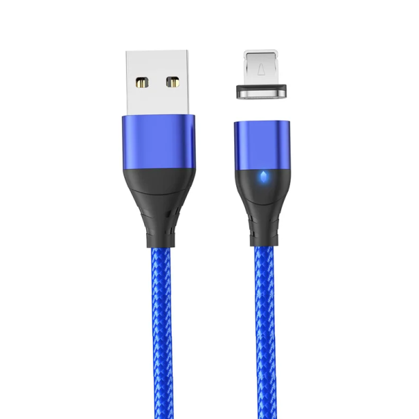 Cabo de carregamento rápido magnético USB A para IOS iPhone Lightning 1 m 3A com indicador LED e forte íman azul