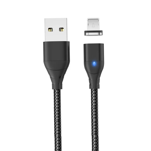 Cabo de carregamento rápido magnético USB A para IOS iPhone Lightning 2 m 3A com indicador LED e conector magnético preto