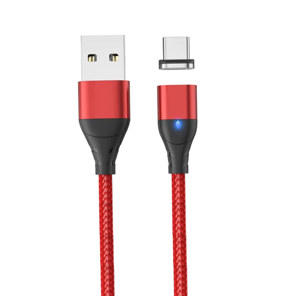 Cabo de carregamento rápido magnético USB A para USB C 2 m 3A com indicador LED e forte íman para carregamento e transferência de dados vermelho
