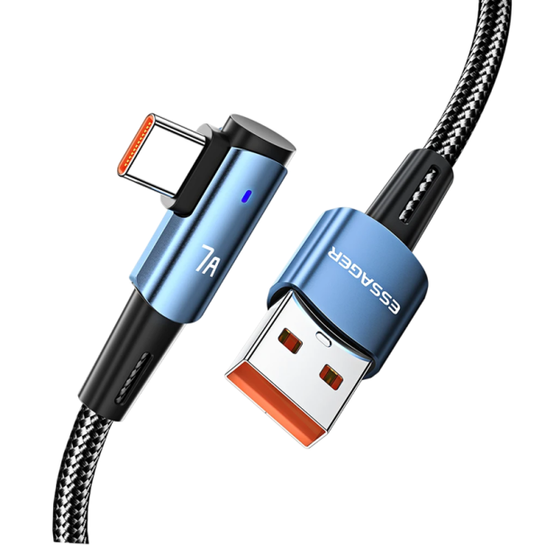 Cabo de carregamento rápido USB A para USB C 1 m 100W 7A com conector em ângulo de 90 graus QC4.0 PD luz LED transferência de dados 480 Mb/s azul