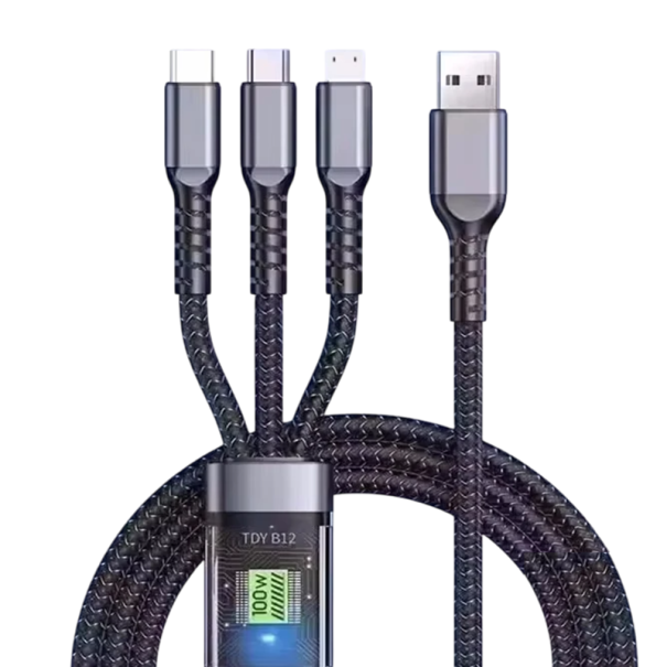 Cabo de dados e carregamento rápido 3 em 1 1,2 m USB A para USB C + Micro USB + iPhone Lightning 100W 5A cabo trançado 1
