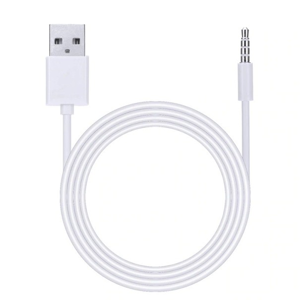 Cabo de ligação USB-A para jack de 3,5 mm de quatro pólos Conectores macho em ambas as extremidades Extremidades retas Cabo redondo branco Comprimento 1