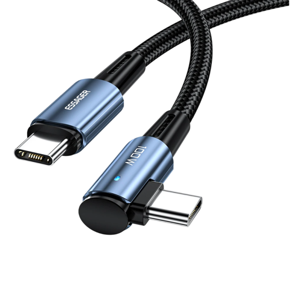 Cabo USB C para USB C 2 m 100W com conector em ângulo de 90° e luz LED PD QC4.0 transferência de dados 480 Mb/s cabo trançado para carregamento azul