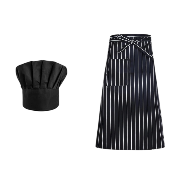 Căciulă de bucătar și șorț cu design în dungi, cu legare, îmbrăcăminte de lucru din poliester pentru bucătărie, pentru gătit, gastronomie 1