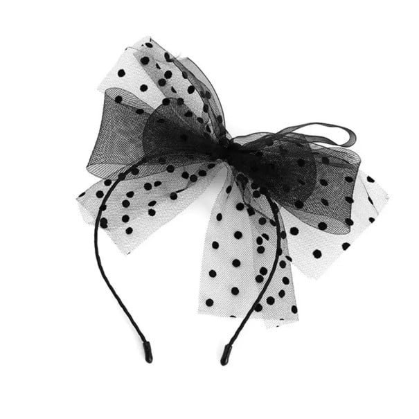 Căciulă de păr cu fundă mare din tul cu buline Căciulă elegantă și transparentă romantică Accesoriu de păr pentru femei stil retro 1