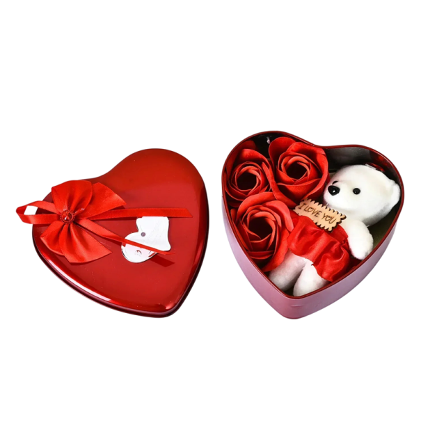 Cadeau doos met een teddybeer en zeeprozen 12x12x5 cm decoratieve set voor het geven van cadeaus voor verjaardagen en romantische gelegenheden rood