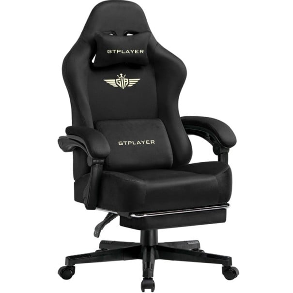 Cadeira de jogo com apoio de pernas prolongado, altura 131 cm, estofos em tecido, cadeira giratória ajustável para jogar e escritório em casa preto